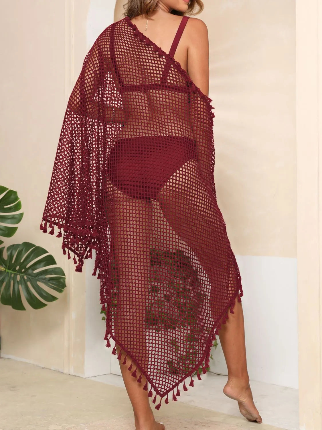 Tassel Openwork Open Front Cover-Up -