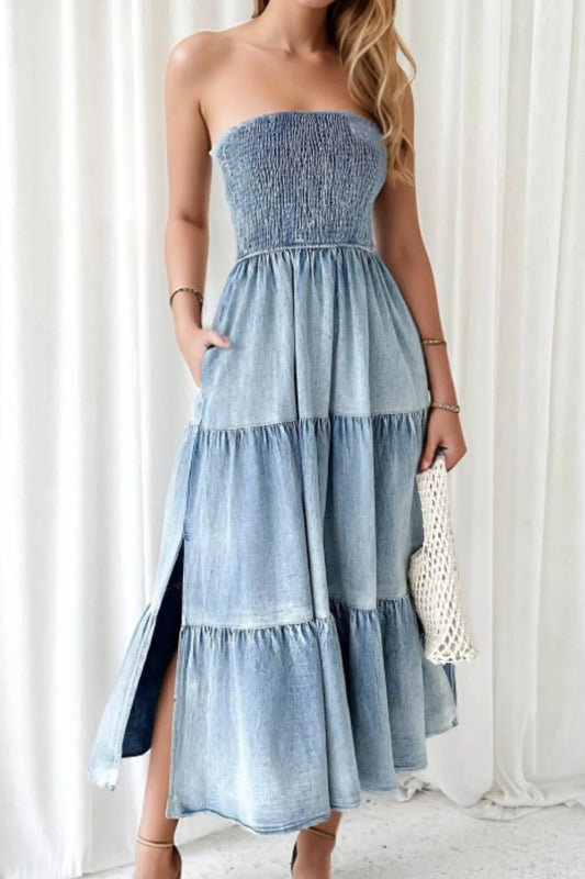 Smocked Tube Slit Tiered Denim Dress - Light Blue