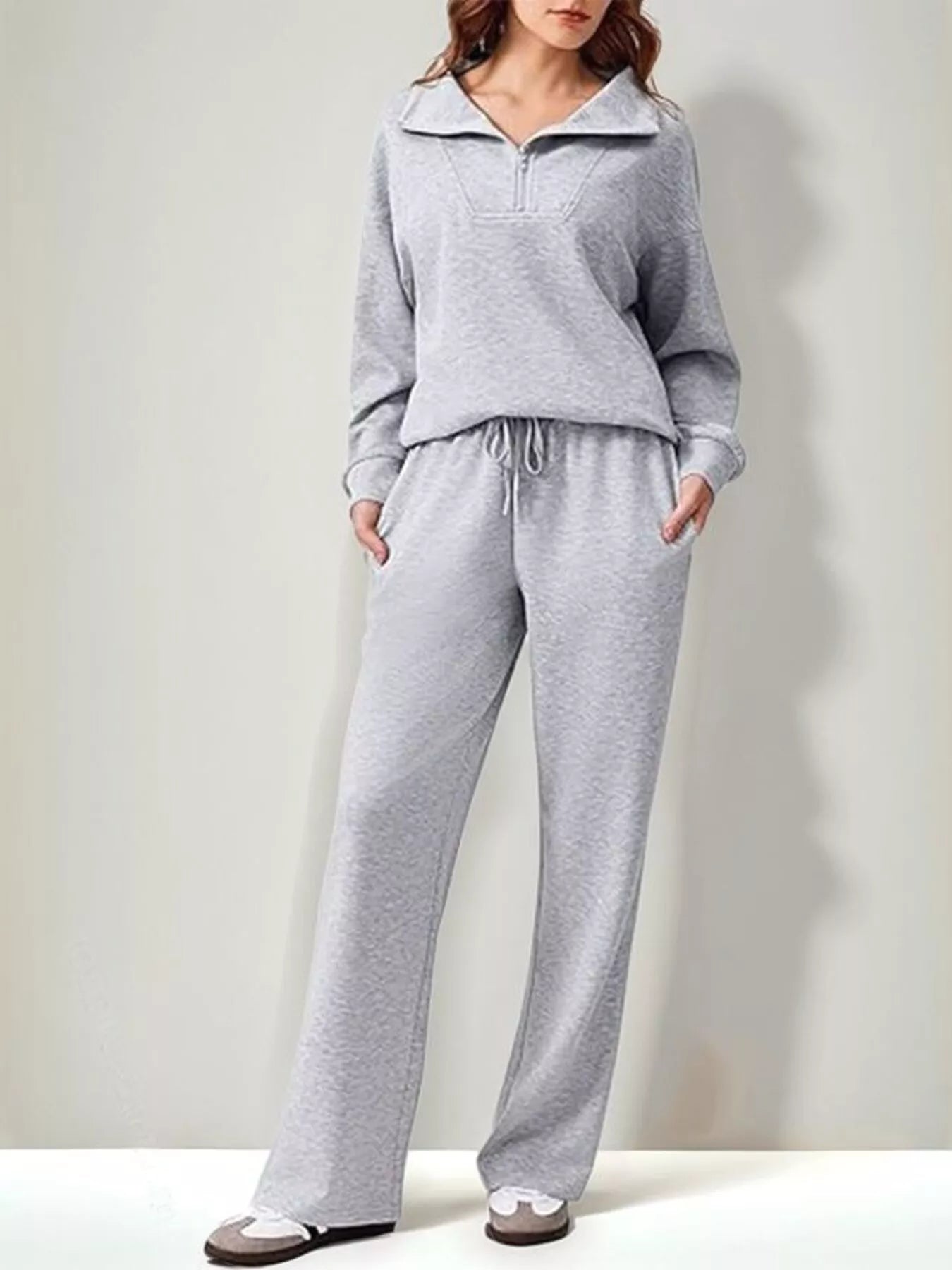 Relaxed Fit Quarter-Zip Top and Pants Set -