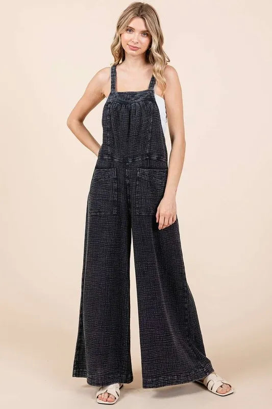 Textured Wide Leg Overalls - Black Denim