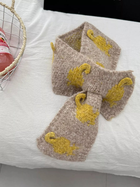 Knitted Contrast Pattern Warm Scarf - Khaki One Size