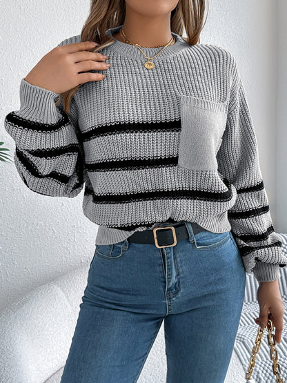 Striped Round Neck Long Sleeve Sweater - Gray