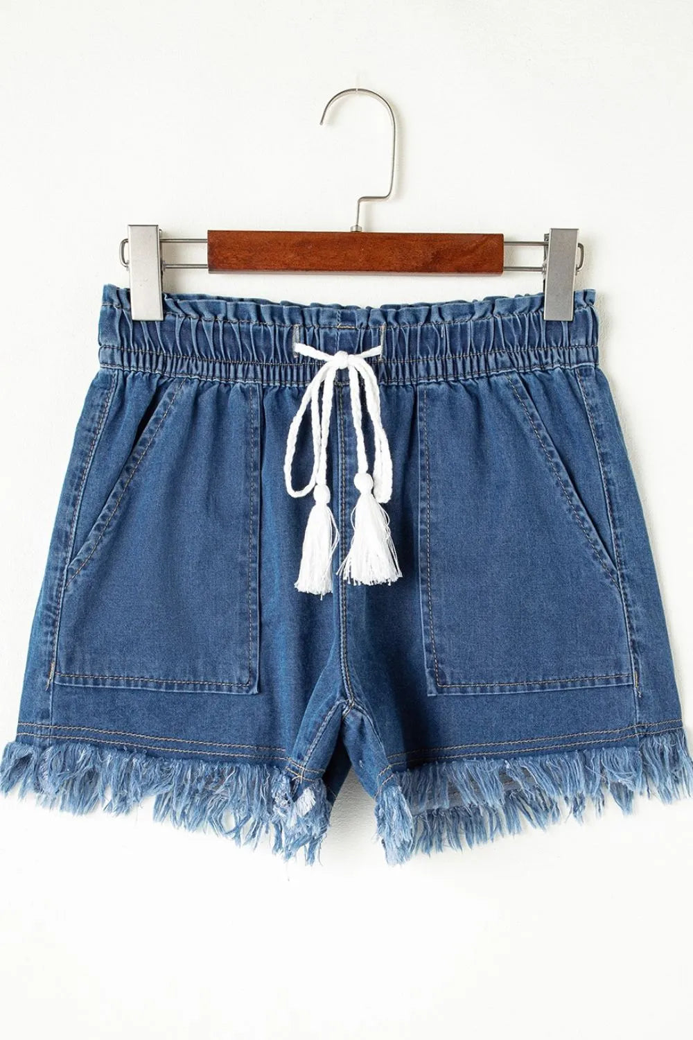 Raw Hem Drawstring High Waist Denim Shorts -