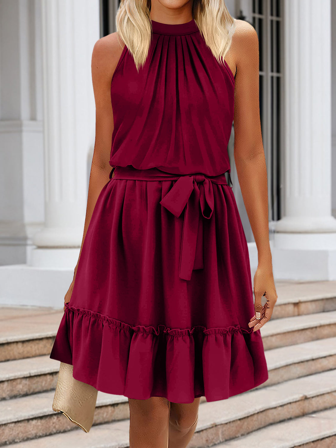 Ruched Grecian Neck Tie Waist Mini Dress | AdoreStarr