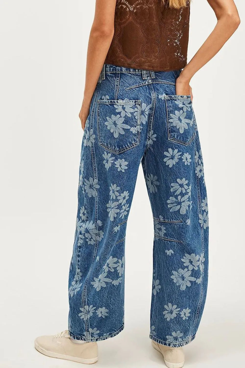Flower Print Wide Leg Jeans -