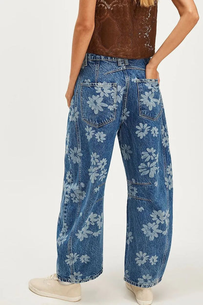 Flower Print Wide Leg Jeans -