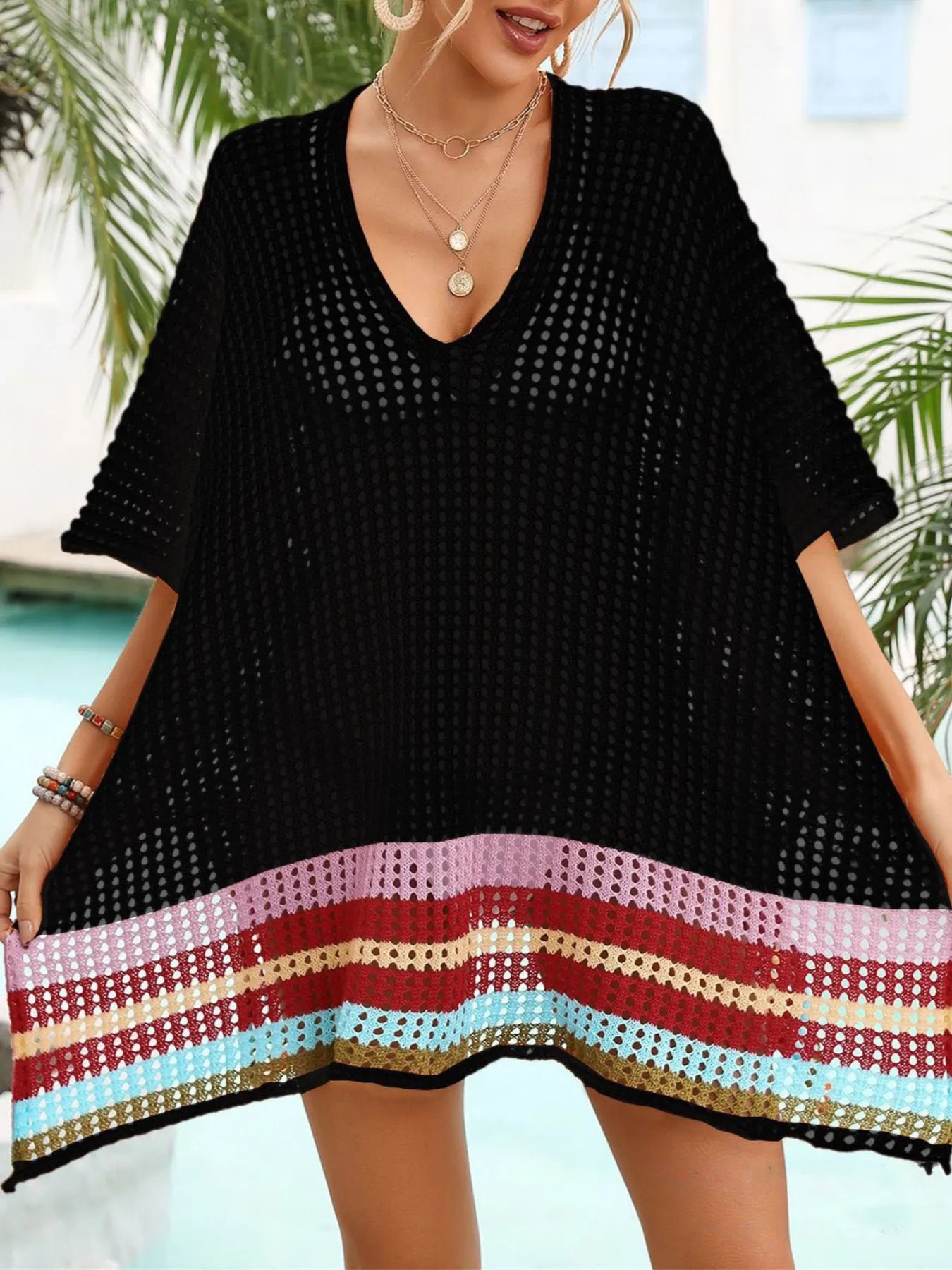 Crochet V-Neck Cover-Up Dress - Black One Size