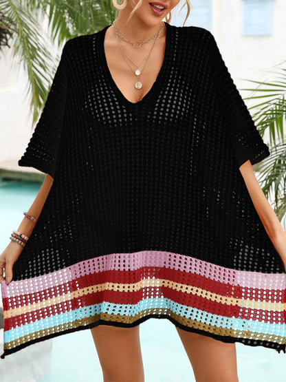 Crochet V-Neck Cover-Up Dress - Black One Size