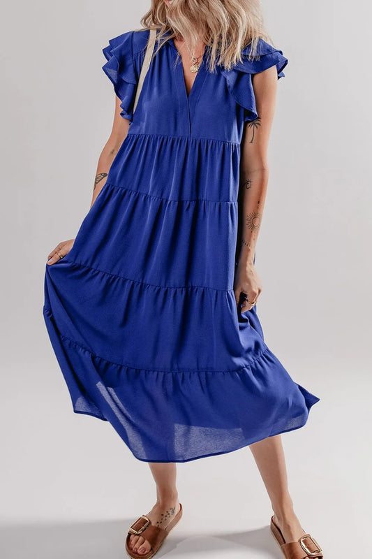 Short Sleeve Collared V-Neck Midi Dress - Light Indigo