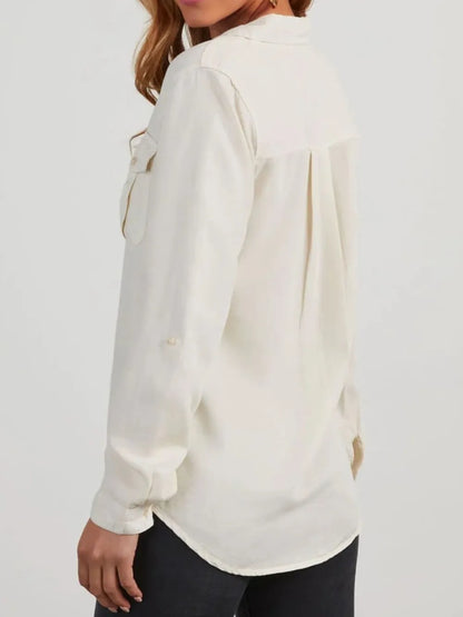 Collared Neck Roll-Tab Sleeve Denim Top -