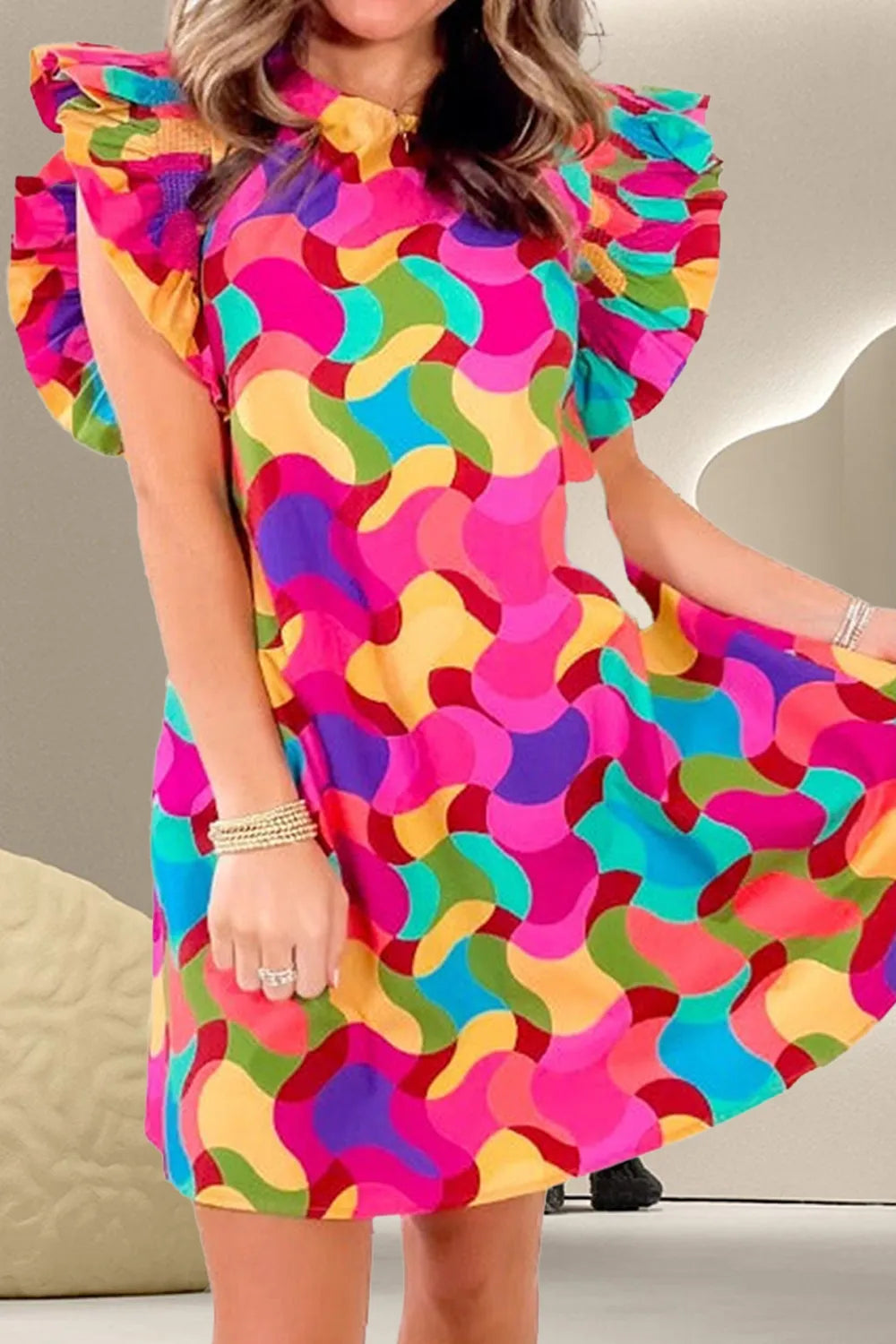 Contrast Print Round Neck Cap Sleeve Mini Dress -