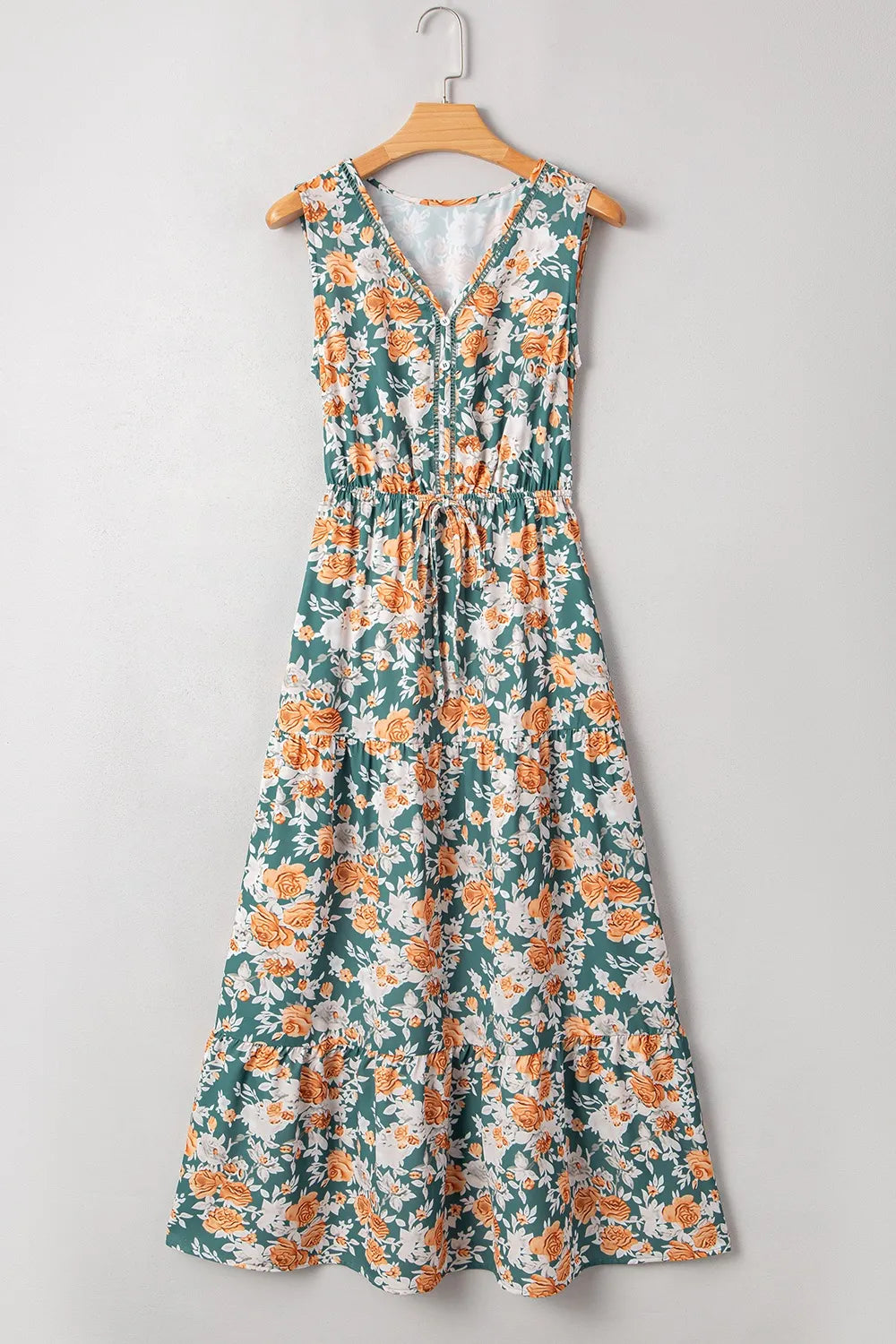 Floral Print Trimmed V-Neck Tie Waist Dress -