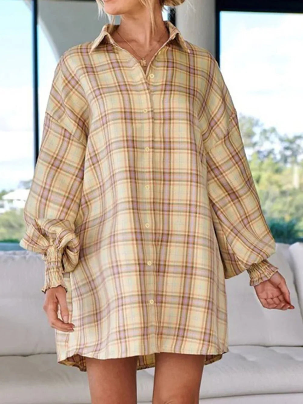 Plaid Button Up Long Sleeve Shirt - Pastel Yellow