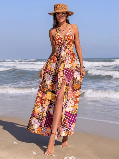 Slit Printed Halter Neck Cami Dress - Multicolor