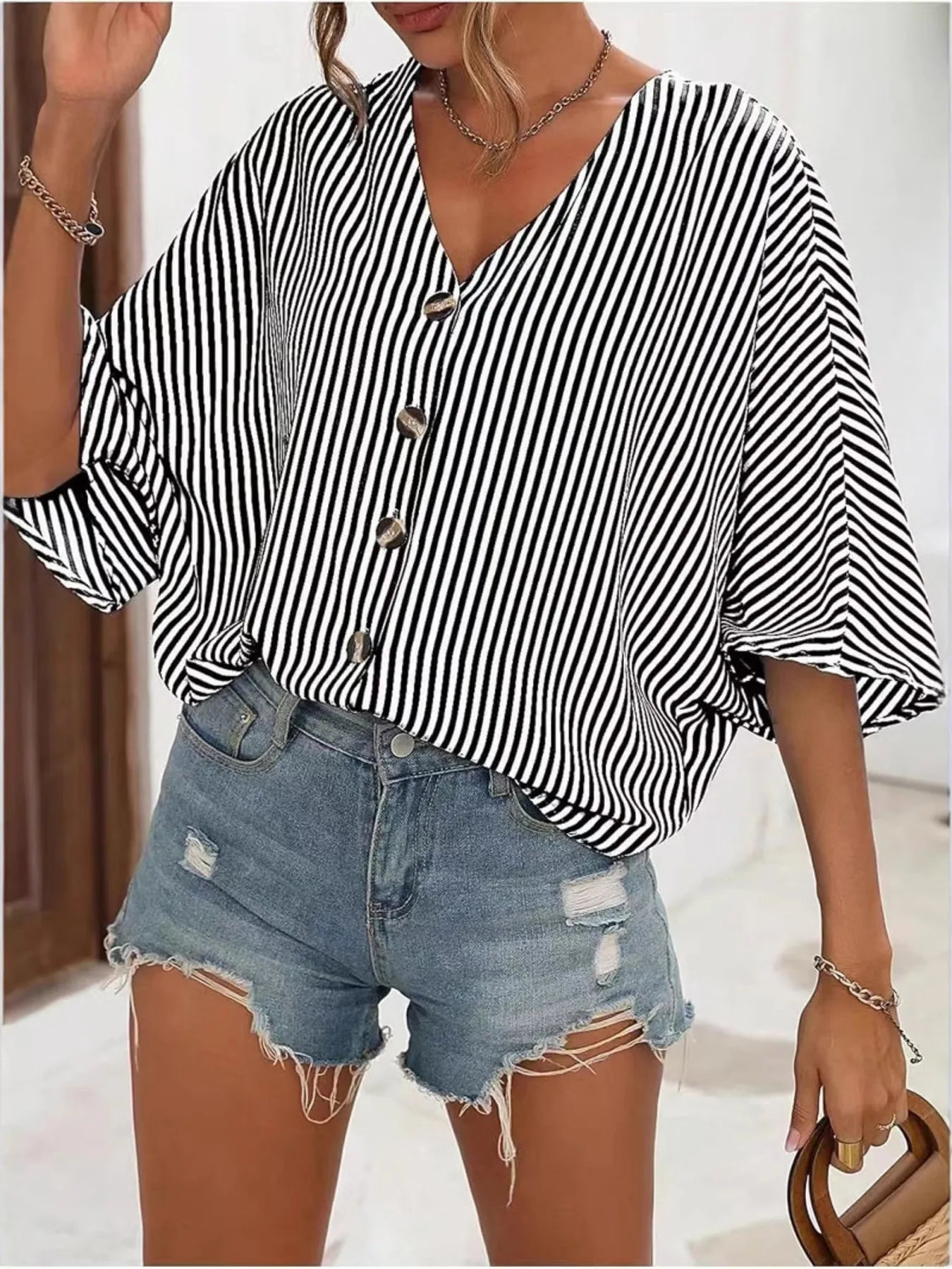 V-Neck Striped Batwing Sleeve Casual Blouse - Black