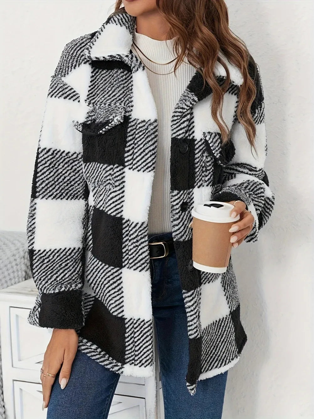 Plaid Button Up Long Sleeve Fuzzy Outerwear - Black