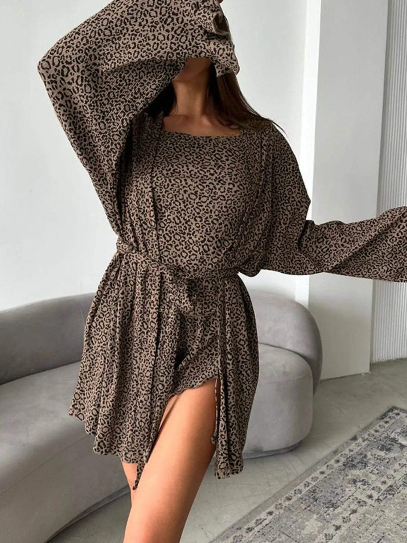 Leopard Cami Cardigan and Shorts 3-Piece Set - Brown