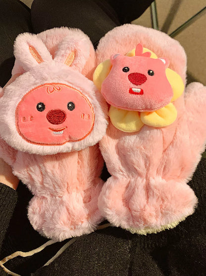 Cartoon Plush Warm Gloves - Dusty Pink One Size