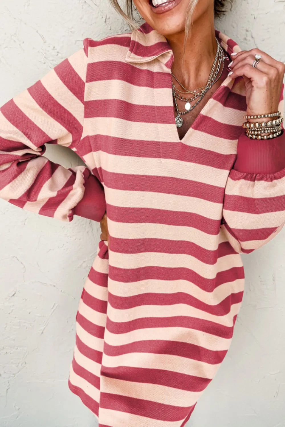 Striped Johnny Collar Long Sleeve Mini Dress - Dusty Pink