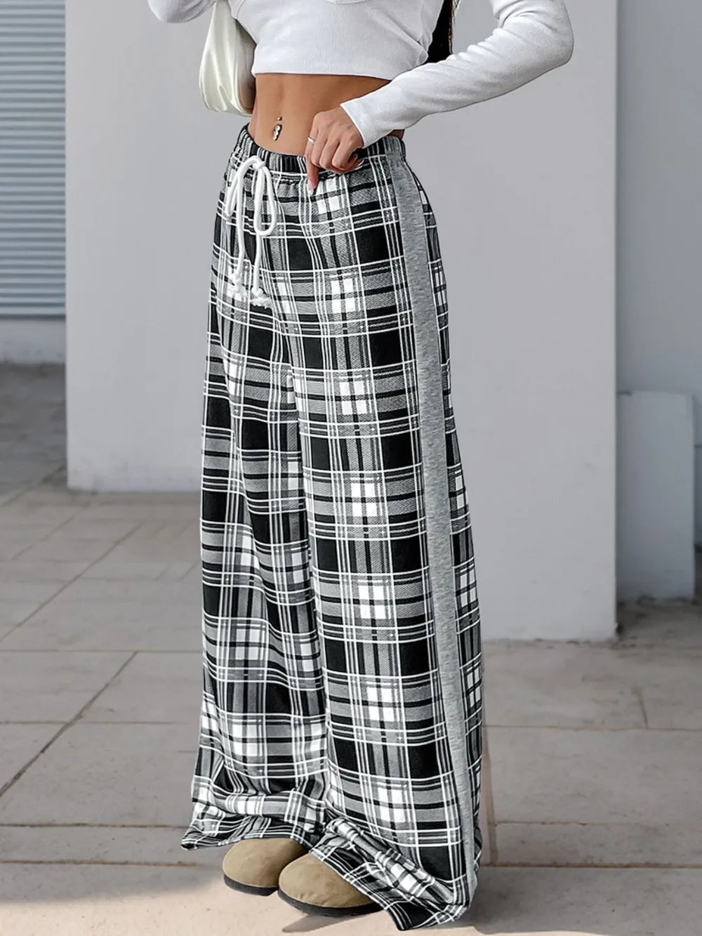 Drawstring Plaid Wide Leg Pants -