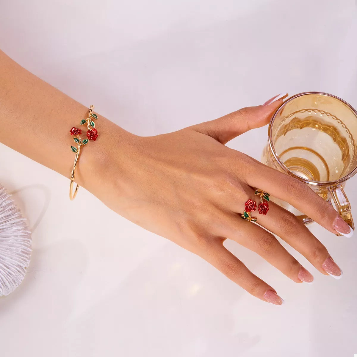 Rose Bypass Ring and Bracelet Jewelry Set -