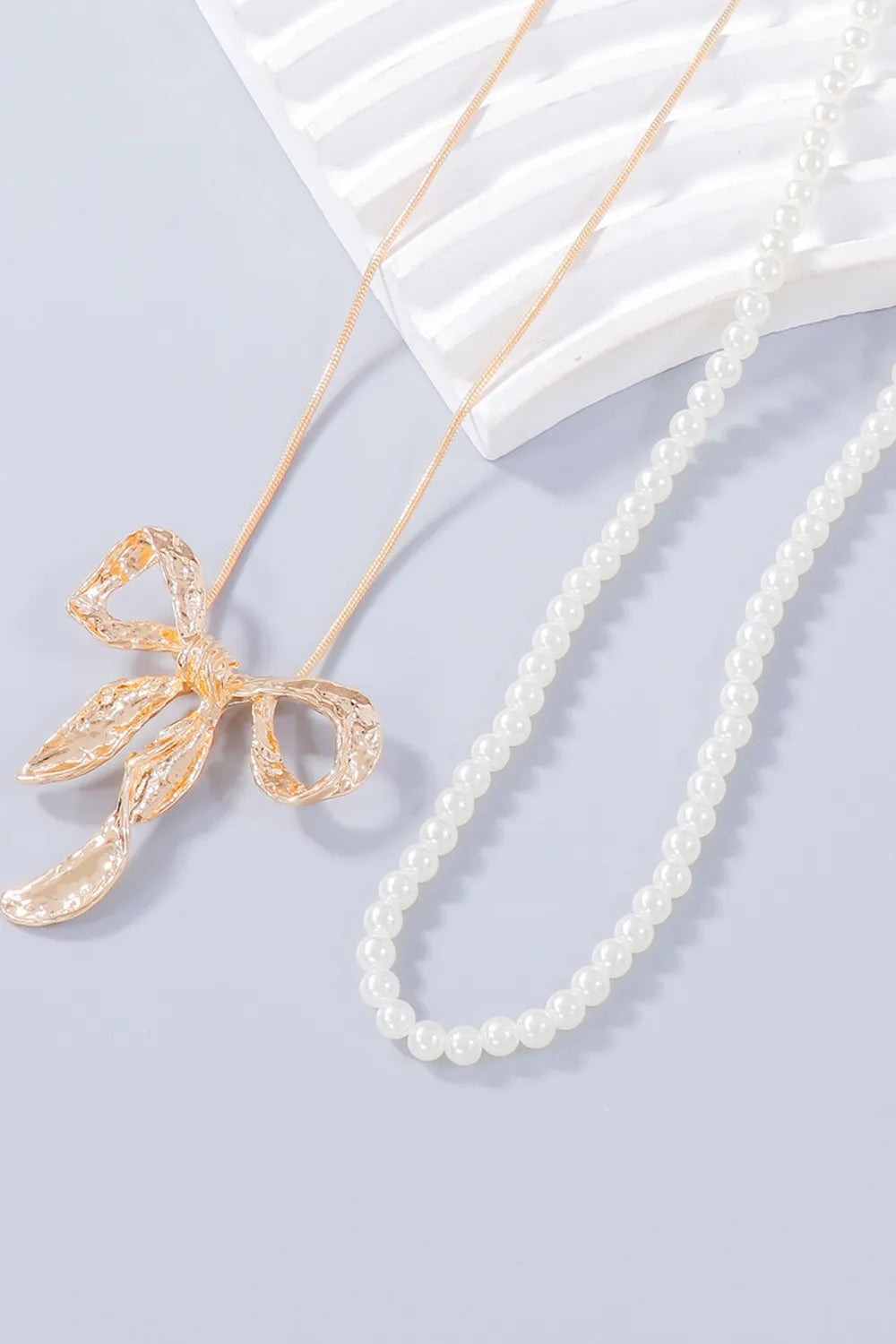 Synthetic Pearl Bow Necklace and Bow Earrings Jewelry Set -