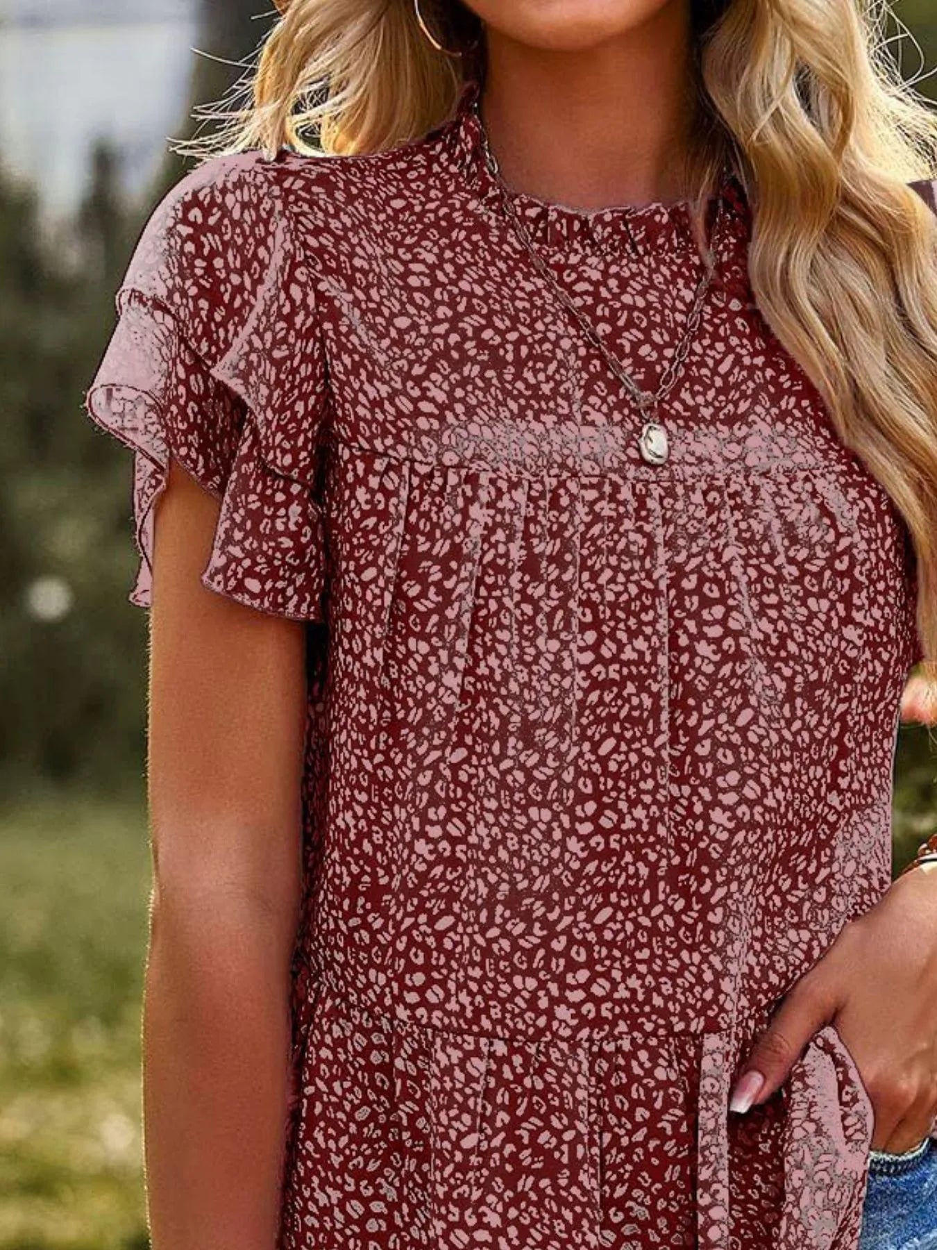 Printed Ruffle Sleeve Babydoll Blouse - Red