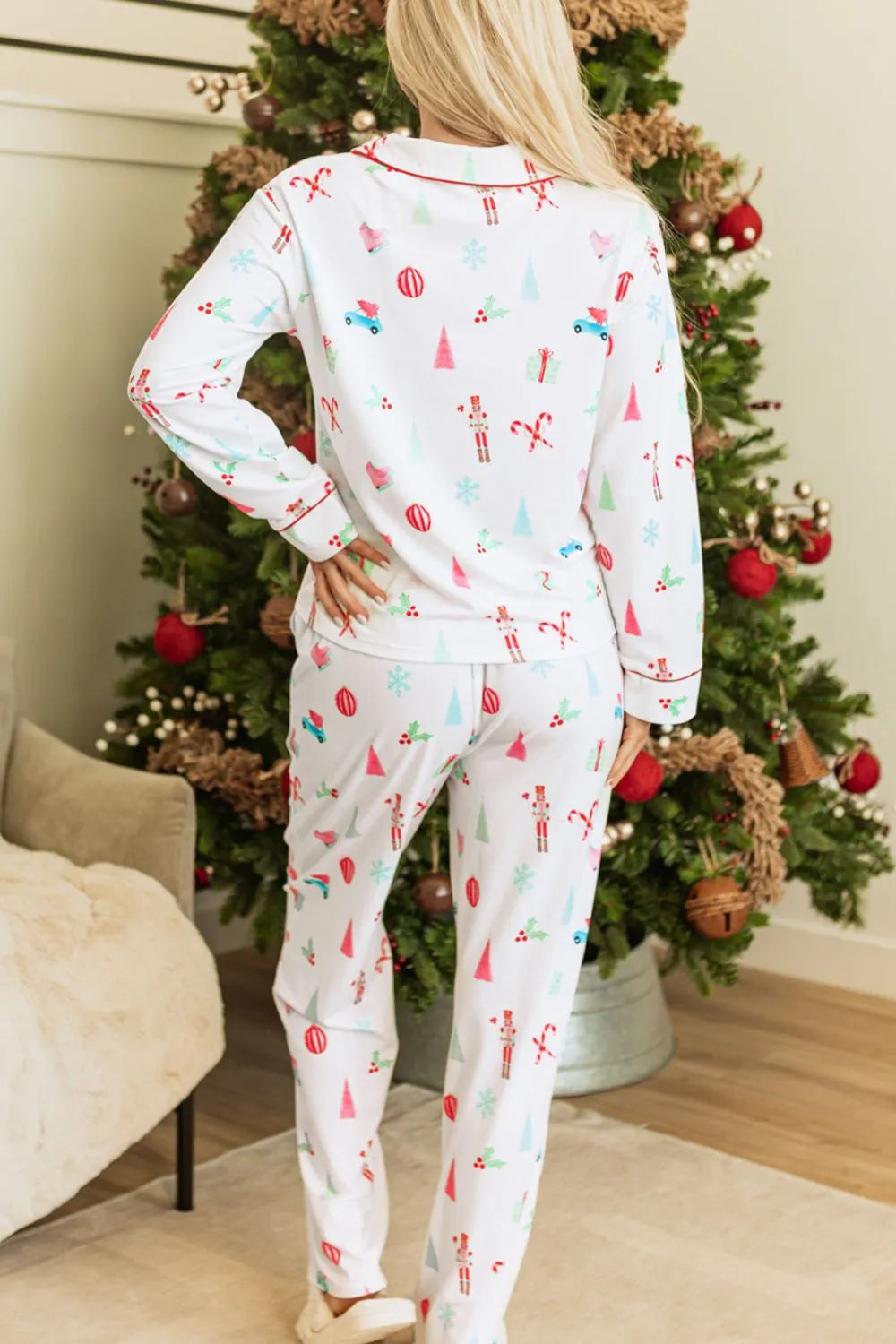Printed Collared Neck Top and Pants Lounge Set -