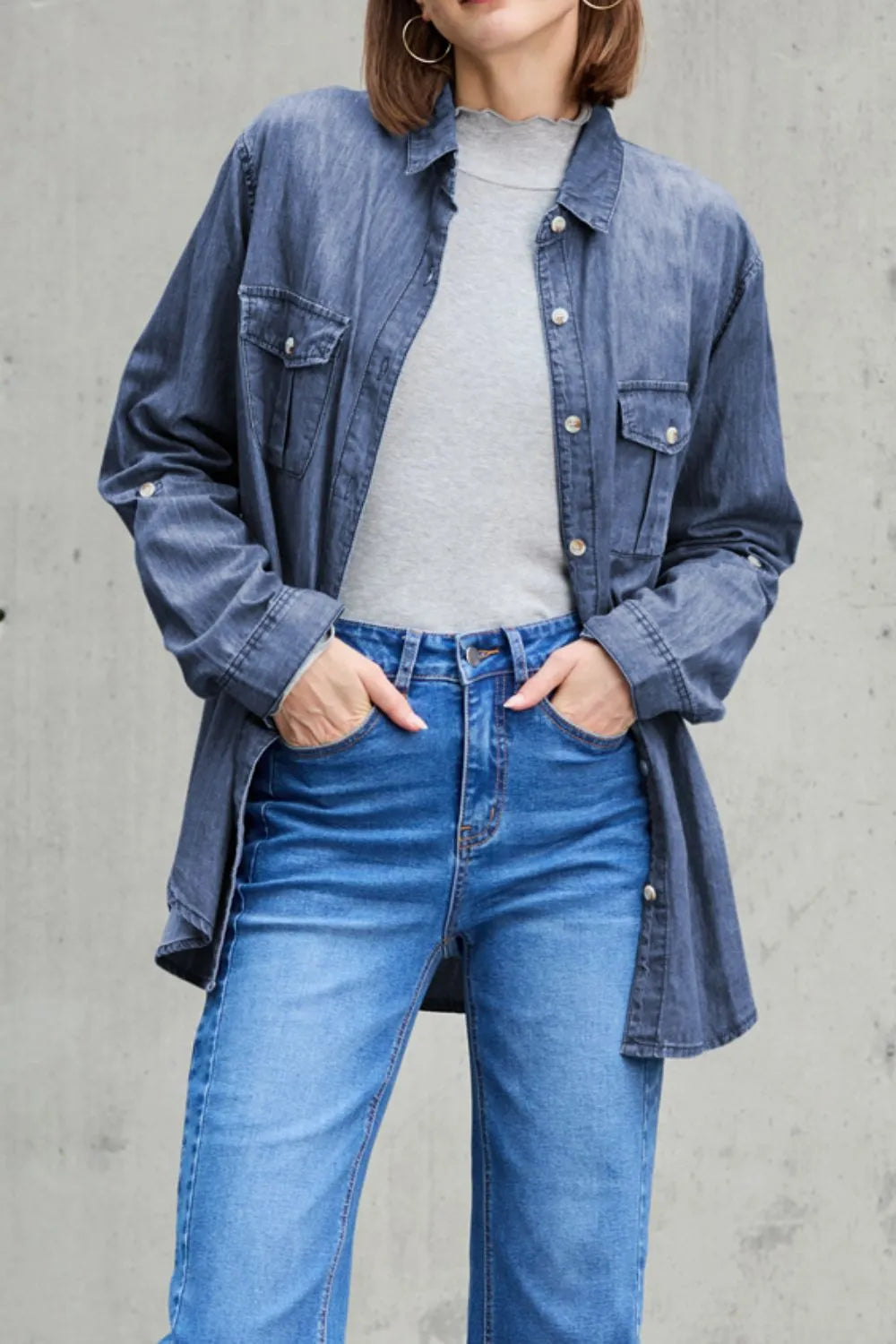 Collared Neck Long Sleeve Denim Top -