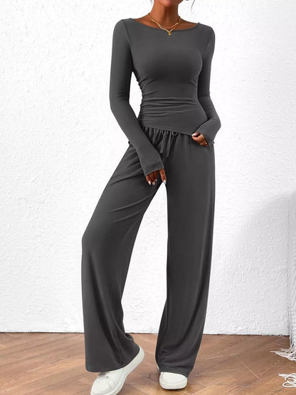 Long Sleeve Top and Wide Leg Pants Set -