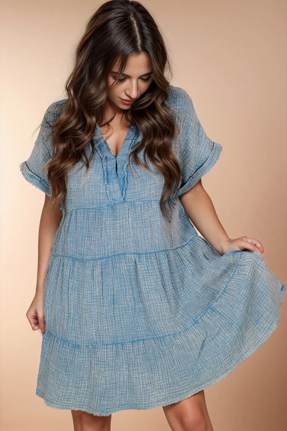 Tiered Notched Short Sleeve Dress -