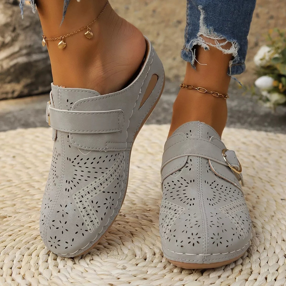 Casual Buckle Slip-Ons - Gray