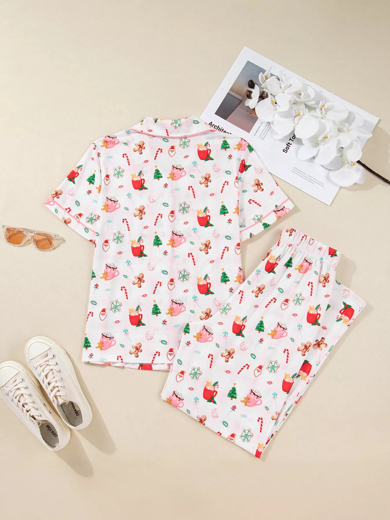 Holiday Print Short Sleeve Shirt and Pants Pajama Set -