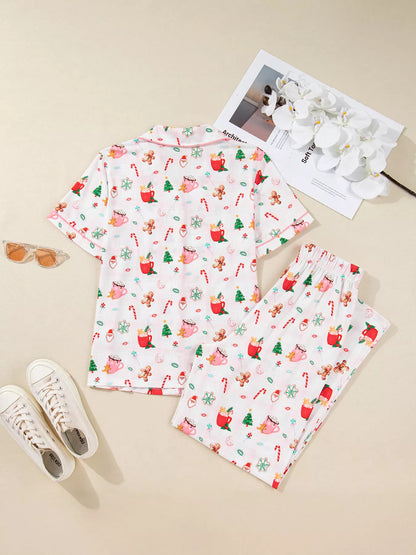 Holiday Print Short Sleeve Shirt and Pants Pajama Set -