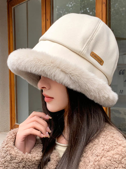Fuzzy Trim Bucket Hat - Beige One Size