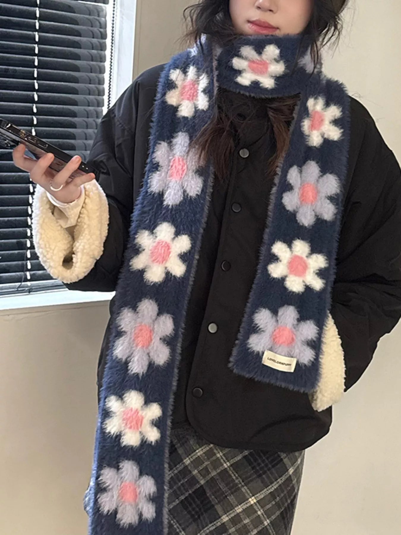 Floral Fuzzy Knit Scarf -