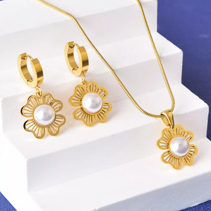 Gold-Plated Flower Jewelry Set - Gold One Size
