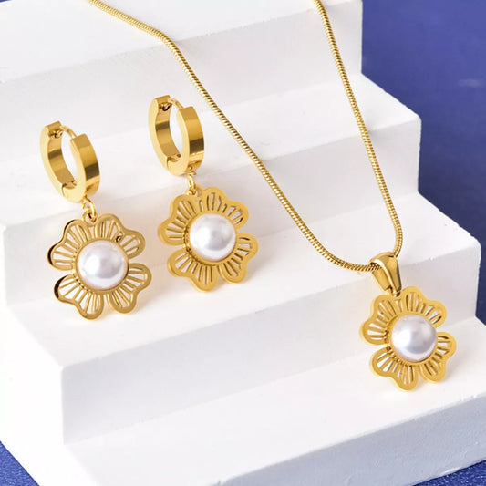 Gold-Plated Flower Jewelry Set - Gold One Size