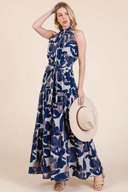 Abstract Halter Neck Tie-Waist Maxi Dress -