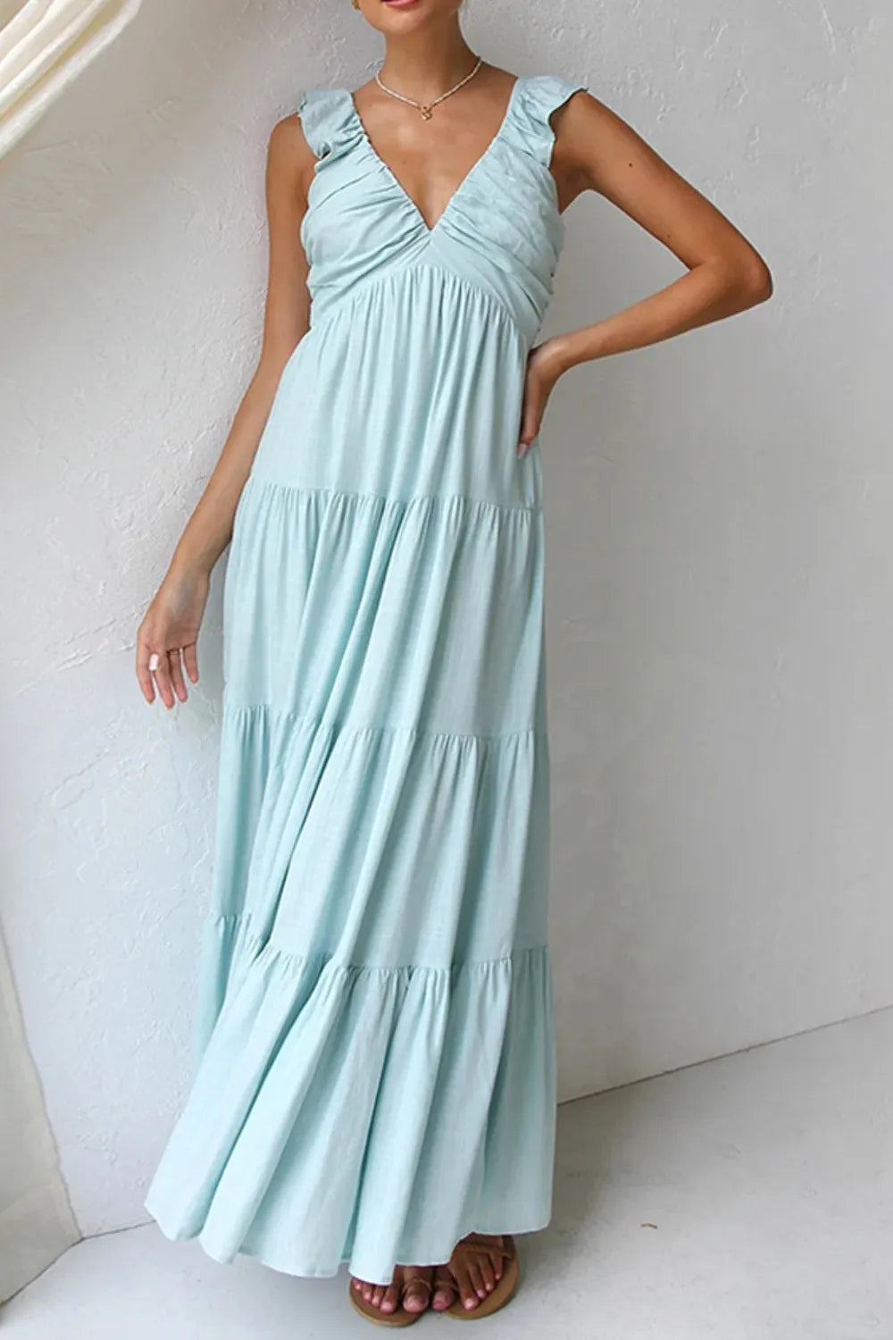 Ruffled V-Neck Tiered Dress -