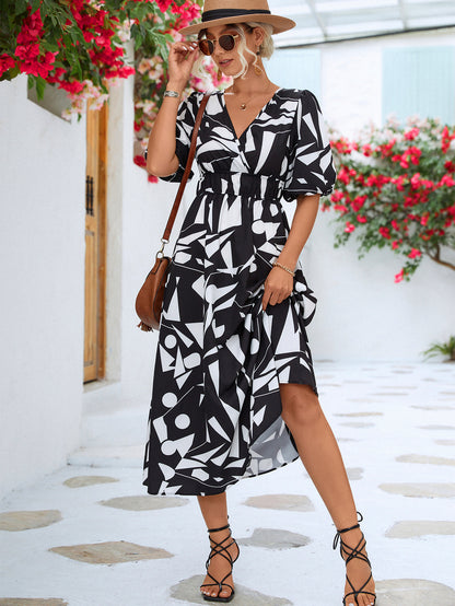 Printed Surplice Balloon Sleeve Dress | AdoreStarr