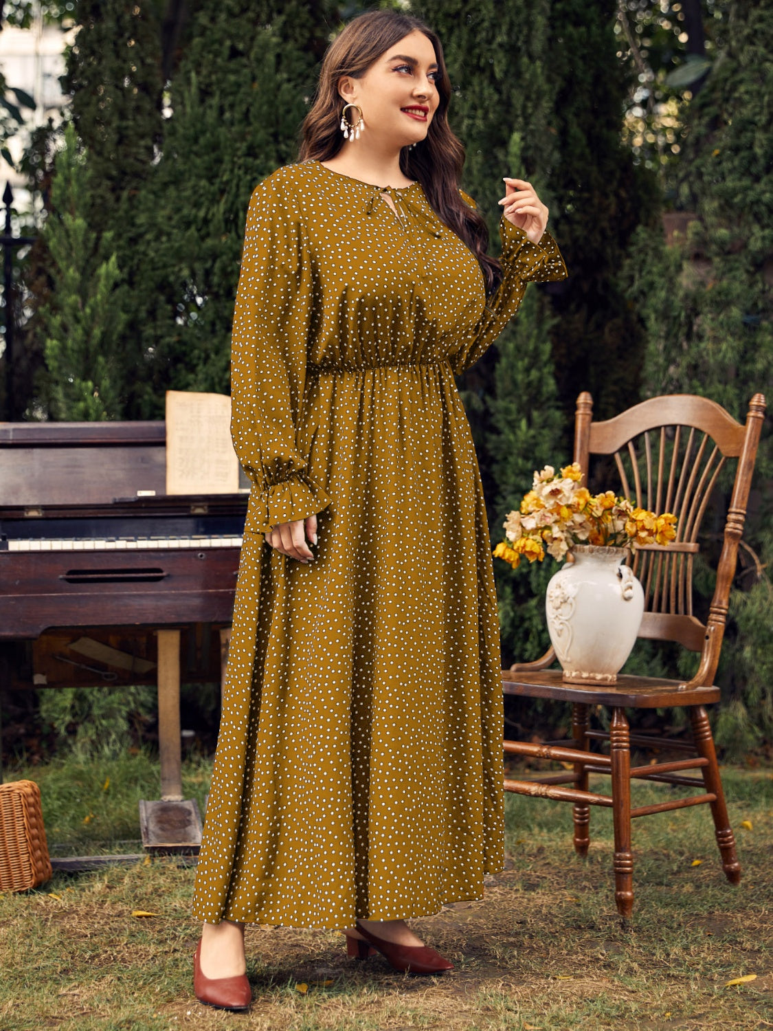 Plus Size Ruffled Polka Dot Long Sleeve Midi Dress - Olive