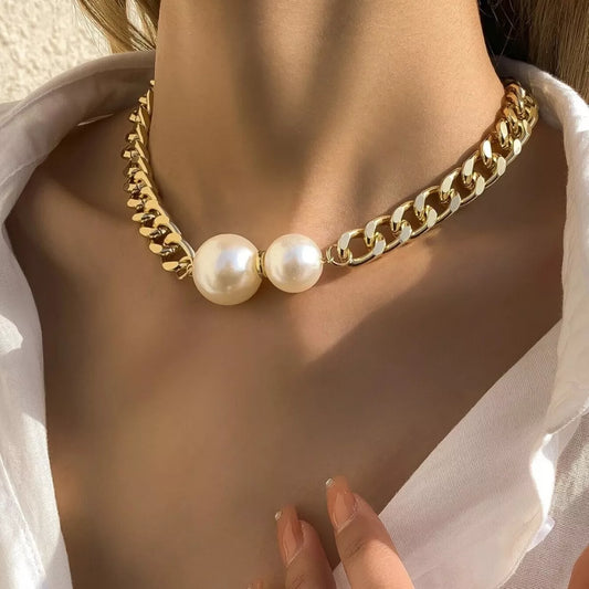 Pearl Chain Necklace - Gold One Size