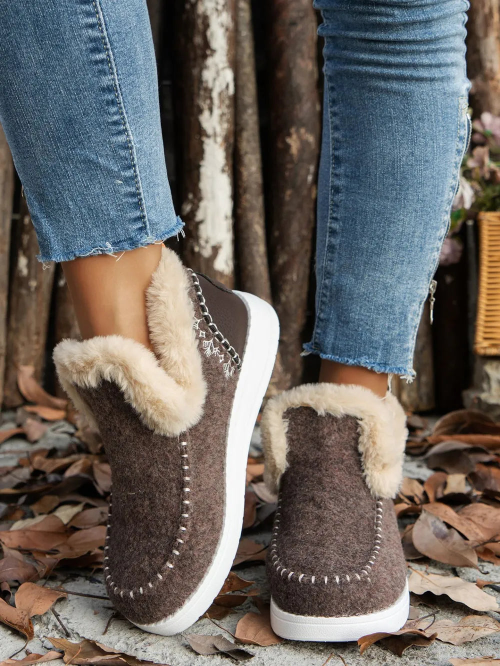 Furry Suede Round Toe Flat Sneakers - Chocolate