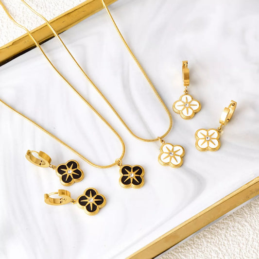 Four-Leaf Clover Pendant Necklace and Earrings Jewelry Set -