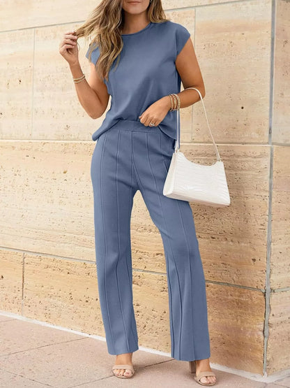 Casual Color Cap Sleeve Top and Pants Knit Set -