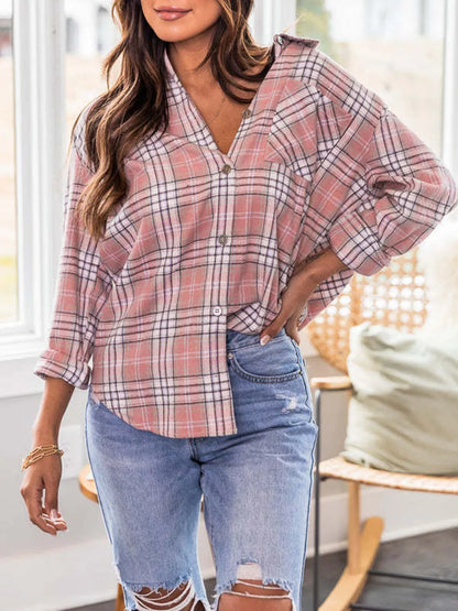 Plaid Collared Neck Long Sleeve Shirt - Blush Pink