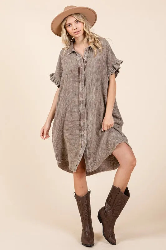 Mineral Wash Cotton Gauze Mini Shirt Dress - Toffee