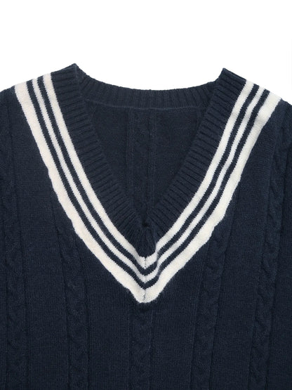 Contrast Striped V-Neck Sweater -