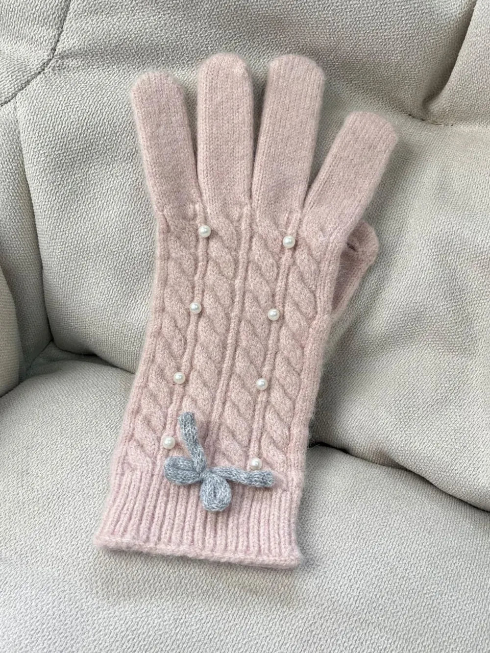 Thermal Pearl Detail Bow Five-Finger Gloves - Blush Pink One Size